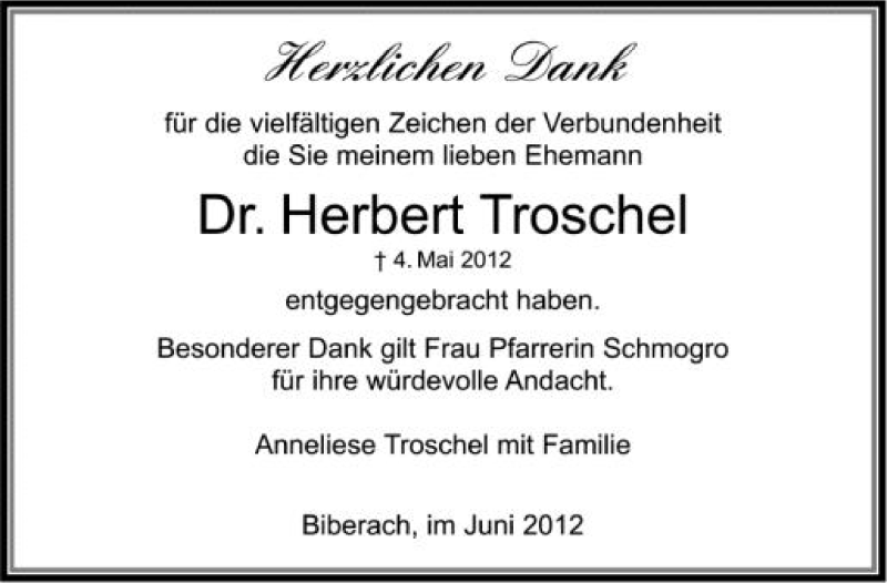  Traueranzeige für Herbert Troschel vom 09.06.2012 aus Schwäbische Zeitung