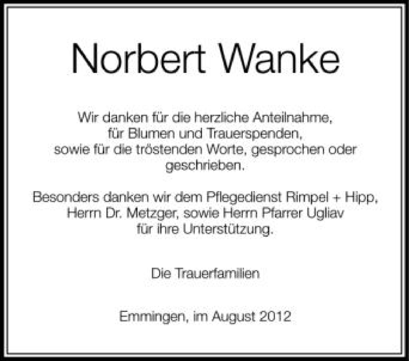  Traueranzeige für Norbert Wanke vom 31.08.2012 aus Schwäbische Zeitung