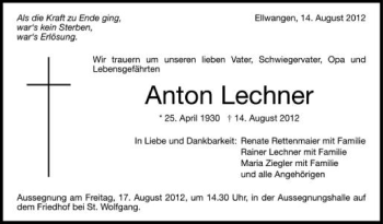 Anzeige von Anton Lechner von Schwäbische Zeitung