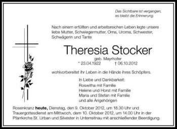 Anzeige von Theresia Stocker von Schwäbische Zeitung