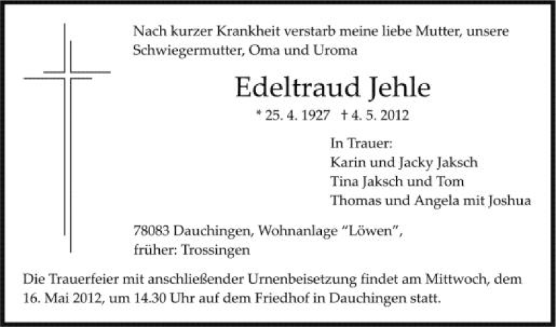  Traueranzeige für Edeltraud Jehle vom 12.05.2012 aus Schwäbische Zeitung