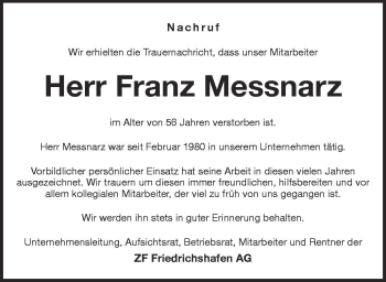 Anzeige von Franz Messnarz von Schwäbische Zeitung