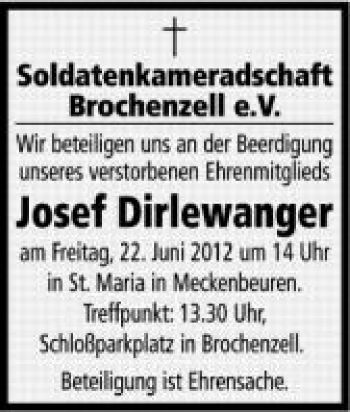 Anzeige von Josef Dirlewanger von Schwäbische Zeitung