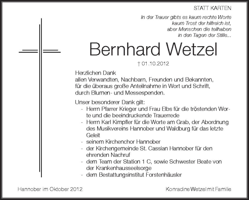  Traueranzeige für Bernhard Wetzel vom 20.10.2012 aus Schwäbische Zeitung