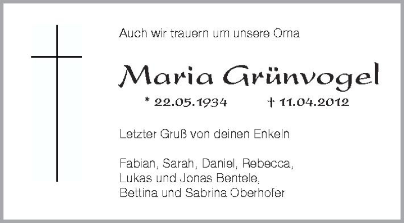  Traueranzeige für Maria Grünvogel vom 17.04.2012 aus Schwäbische Zeitung