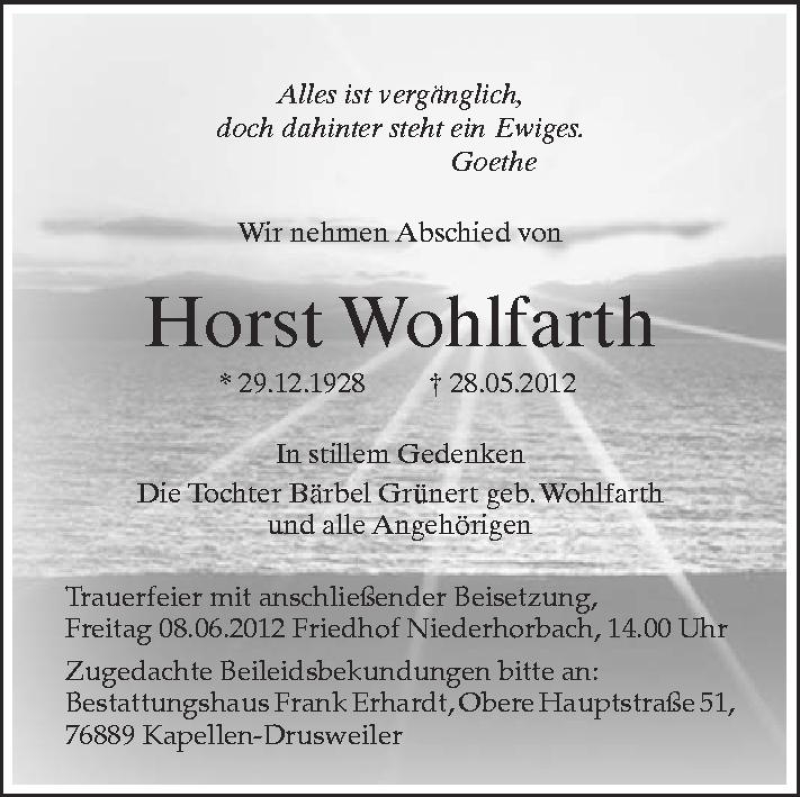  Traueranzeige für Horst Wohlfarth vom 04.06.2012 aus Schwäbische Zeitung