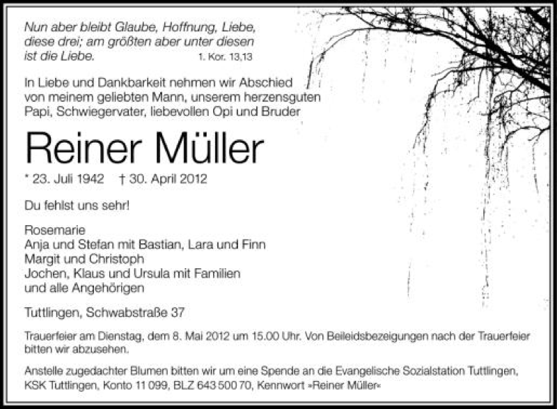  Traueranzeige für Reiner Müller vom 03.05.2012 aus Schwäbische Zeitung