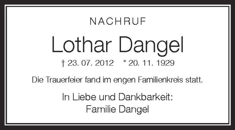  Traueranzeige für Lothar Dangel vom 01.08.2012 aus Schwäbische Zeitung
