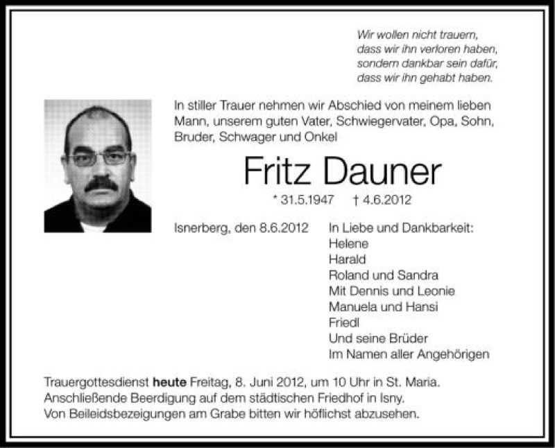 Traueranzeige für Fritz Dauner vom 08.06.2012 aus Schwäbische Zeitung