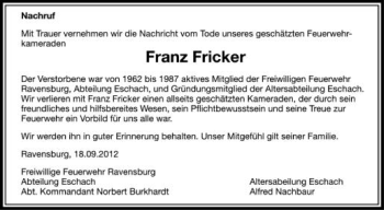 Anzeige von Franz Fricker von Schwäbische Zeitung