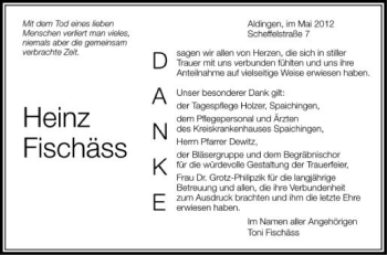 Anzeige von Heinz Fischäss von Schwäbische Zeitung