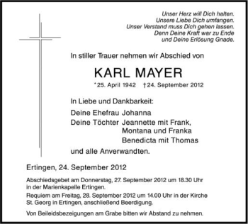 Anzeige von Karl Mayer von Schwäbische Zeitung