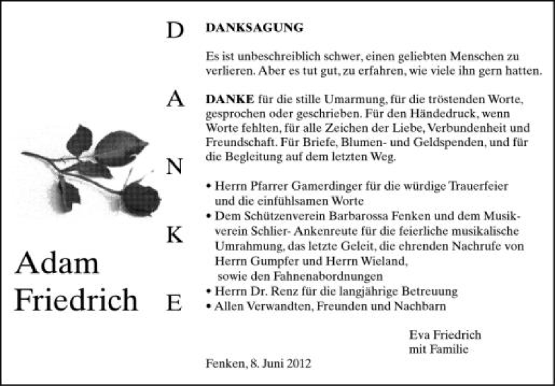  Traueranzeige für Adam Friedrich vom 08.06.2012 aus Schwäbische Zeitung