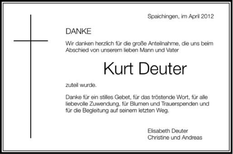  Traueranzeige für Kurt Deuter vom 28.04.2012 aus Schwäbische Zeitung