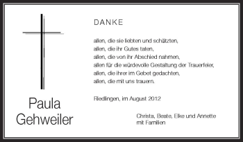 Anzeige von Paula Gehweiler von Schwäbische Zeitung