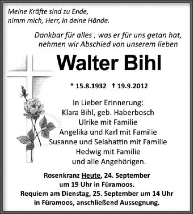  Traueranzeige für Walter Bihl vom 24.09.2012 aus Schwäbische Zeitung