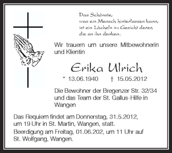 Anzeige von Erika Ulrich von Schwäbische Zeitung