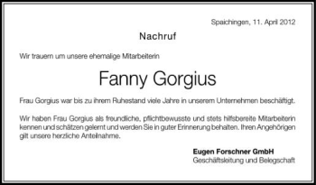 Anzeige von Fanny Gorgius von Schwäbische Zeitung
