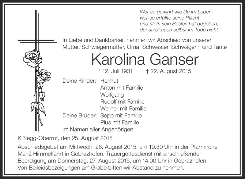  Traueranzeige für Karolina Ganser vom 25.08.2015 aus Schwäbische Zeitung
