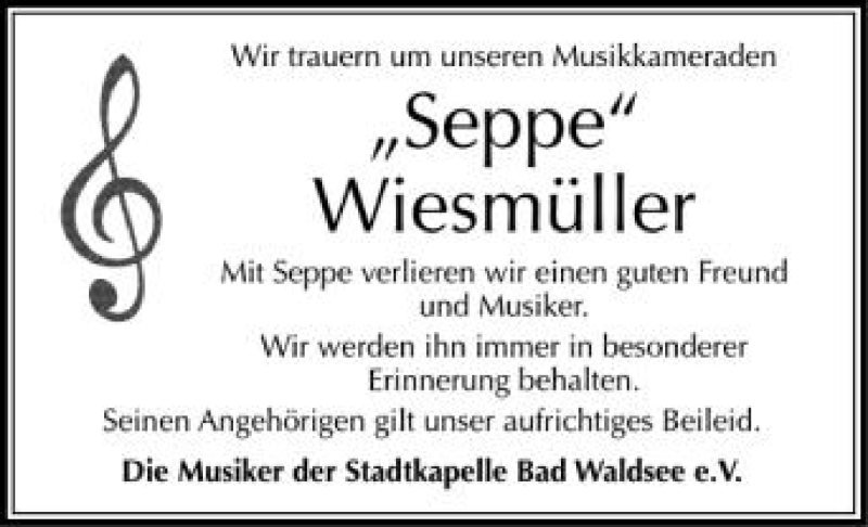 Traueranzeige für Seppe Wiesmüller vom 28.09.2012 aus Schwäbische Zeitung