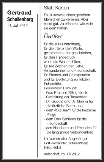 Anzeige von Gertraud Schellenberg von Schwäbische Zeitung