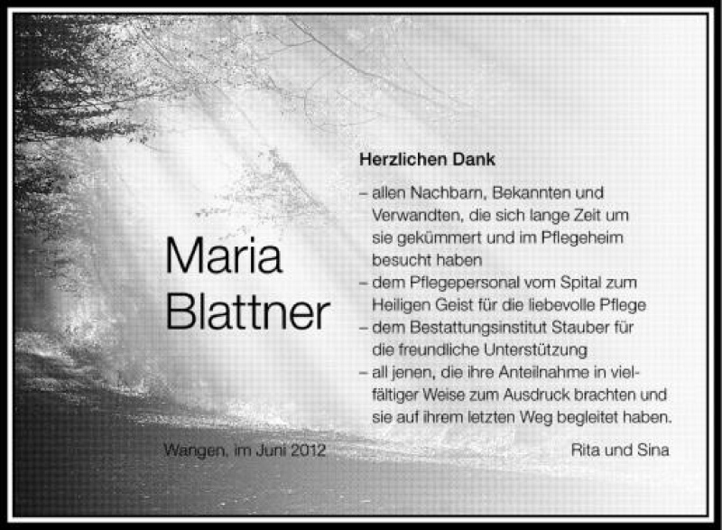  Traueranzeige für Maria Blattner vom 02.06.2012 aus Schwäbische Zeitung