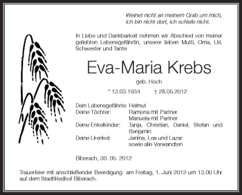 Anzeige von Eva-Maria Krebs von Schwäbische Zeitung