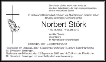 Anzeige von Norbert Störk von Schwäbische Zeitung