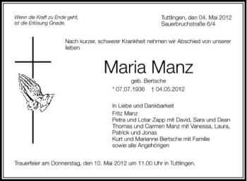 Anzeige von Maria Manz von Schwäbische Zeitung