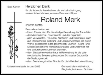 Anzeige von Roland Merk von Schwäbische Zeitung