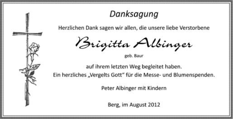  Traueranzeige für Brigitta Albinger vom 04.08.2012 aus Schwäbische Zeitung