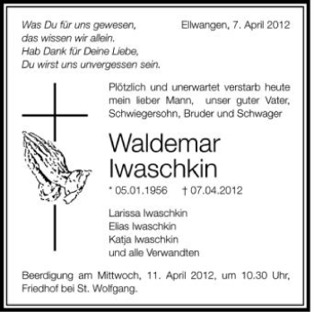 Anzeige von Waldemar Iwaschkin von Schwäbische Zeitung