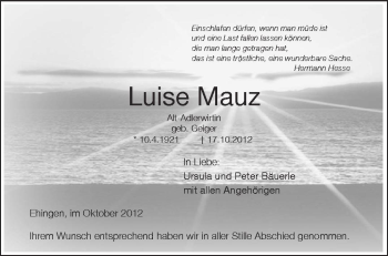 Anzeige von Luise Mauz von Schwäbische Zeitung