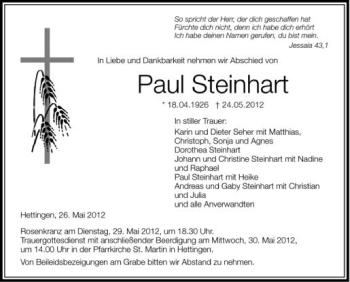 Anzeige von Paul Steinhart von Schwäbische Zeitung