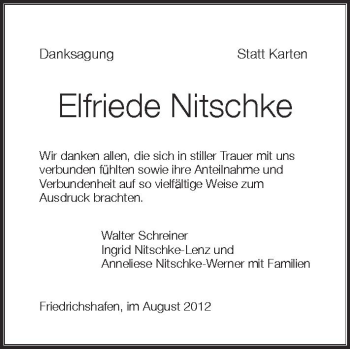 Anzeige von Elfriede Nitschke von Schwäbische Zeitung