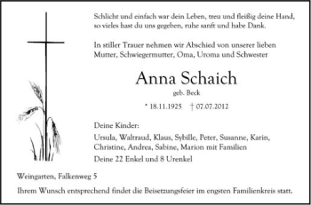 Anzeige von Anna Schaich von Schwäbische Zeitung