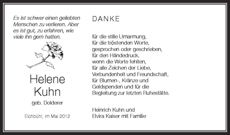  Traueranzeige für Helene Kuhn vom 18.05.2012 aus Schwäbische Zeitung