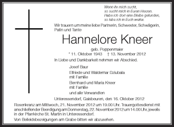 Anzeige von Hannelore Kneer von Schwäbische Zeitung