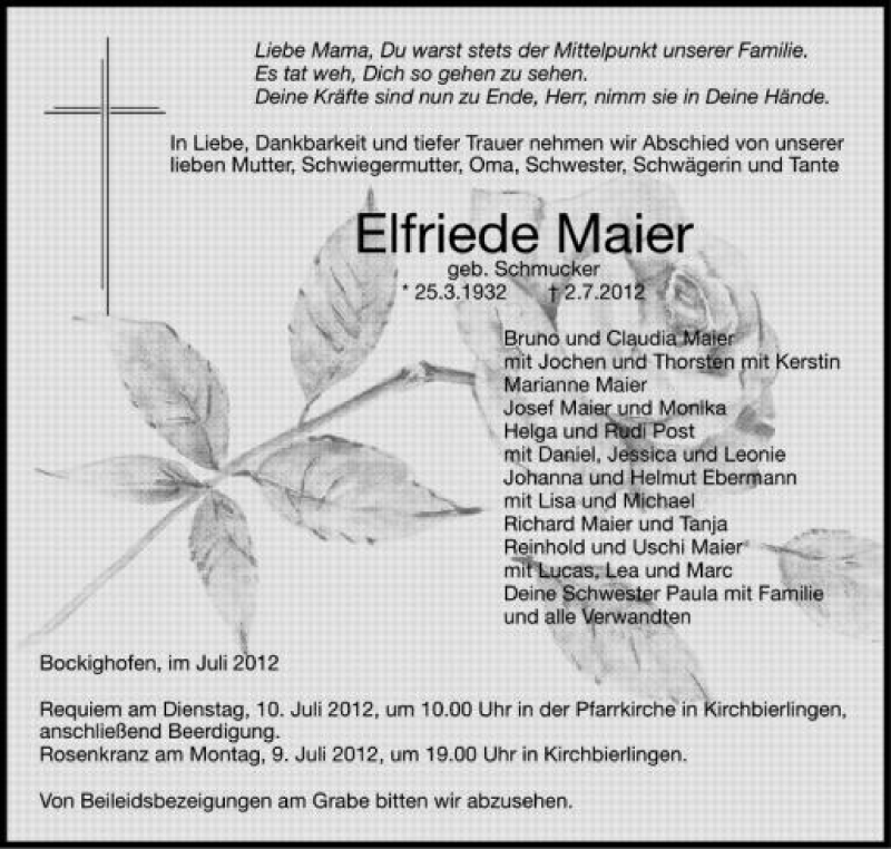  Traueranzeige für Elfriede Maier vom 06.07.2012 aus Schwäbische Zeitung