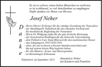 Anzeige von Josef Neher von Schwäbische Zeitung