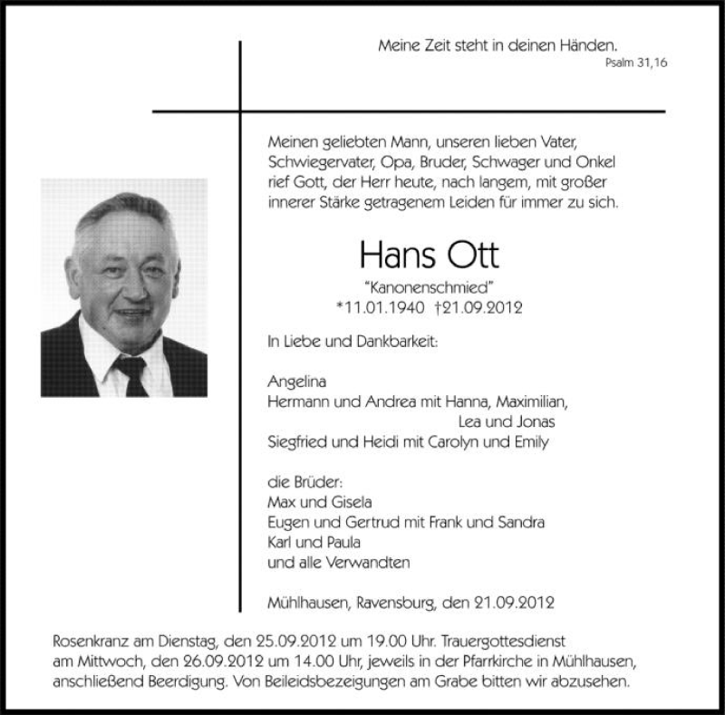  Traueranzeige für Hans Ott vom 24.09.2012 aus Schwäbische Zeitung