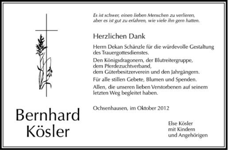  Traueranzeige für Bernhard Kösler vom 02.10.2012 aus Schwäbische Zeitung