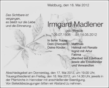 Anzeige von Irmgard Madlener von Schwäbische Zeitung