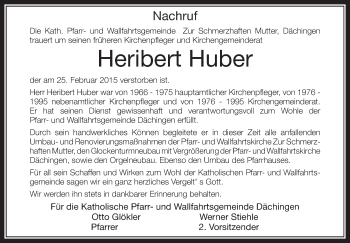 Anzeige von Heribert Huber von Schwäbische Zeitung