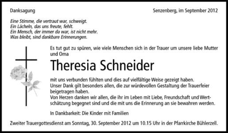 Traueranzeige für Theresia Schneider vom 26.09.2012 aus Schwäbische Zeitung