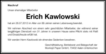 Anzeige von Erich Kawlowski von Schwäbische Zeitung