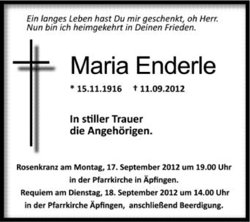  Traueranzeige für Maria Enderle vom 15.09.2012 aus Schwäbische Zeitung
