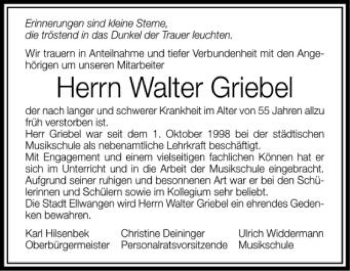 Anzeige von Walter Griebel von Schwäbische Zeitung