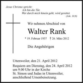 Anzeige von Walter Rank von Schwäbische Zeitung