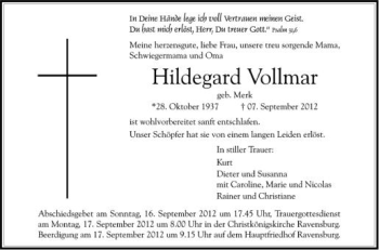 Anzeige von Hildegard Vollmar von Schwäbische Zeitung